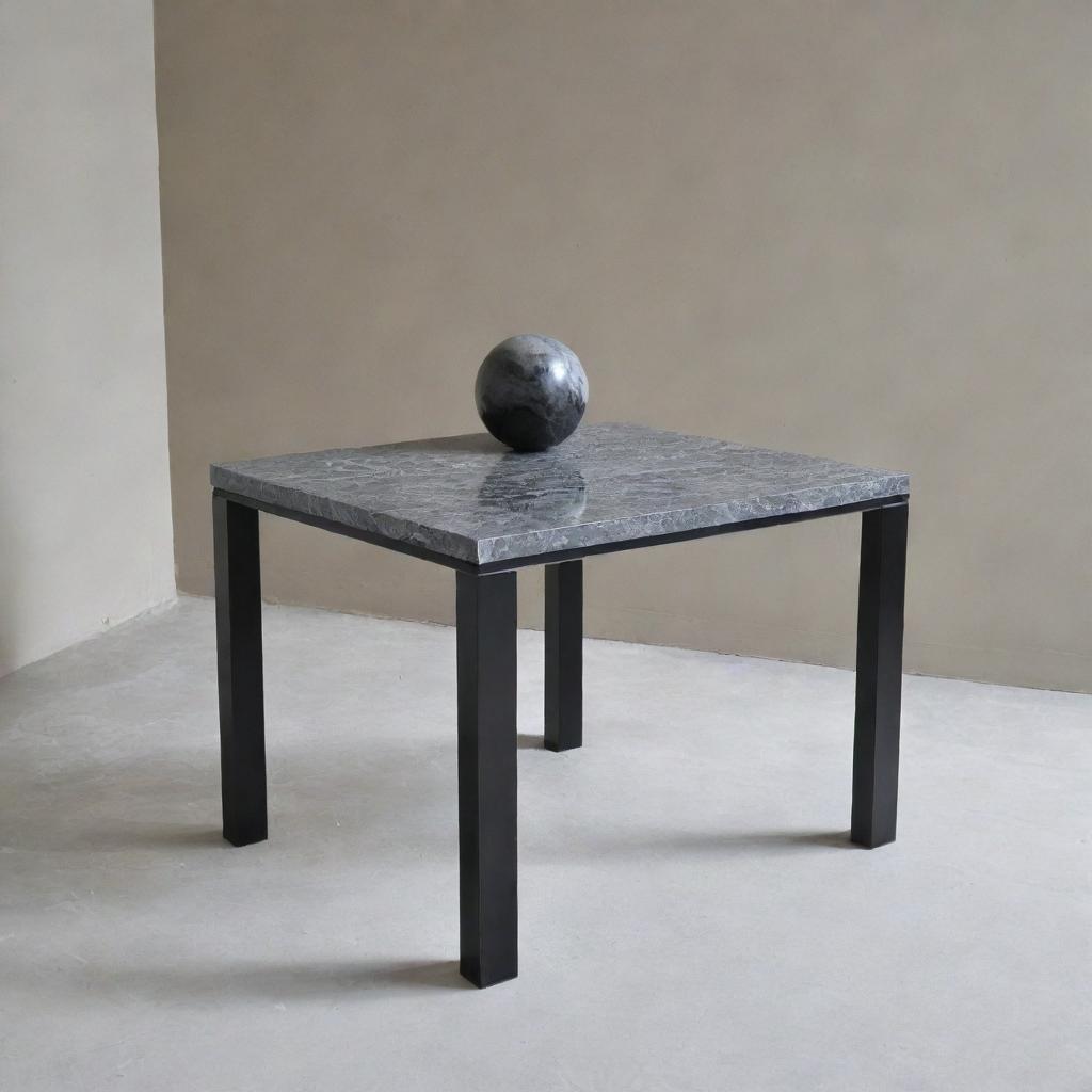 A small, elegant stainless steel black table, topped with grey marble. Perfectly suited for a salon or living room setting.