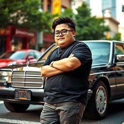 A chubby teenage man with a round face and slicked-back hair, wearing glasses, leaning confidently against a black Mercedes Benz W124 300E