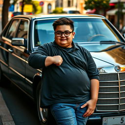 A chubby teenage man with a round face and slicked-back hair, wearing glasses, leaning confidently against a black Mercedes Benz W124 300E