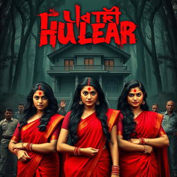 A cinematic action horror film poster featuring three Indian 27-year-old friends: two men and one woman