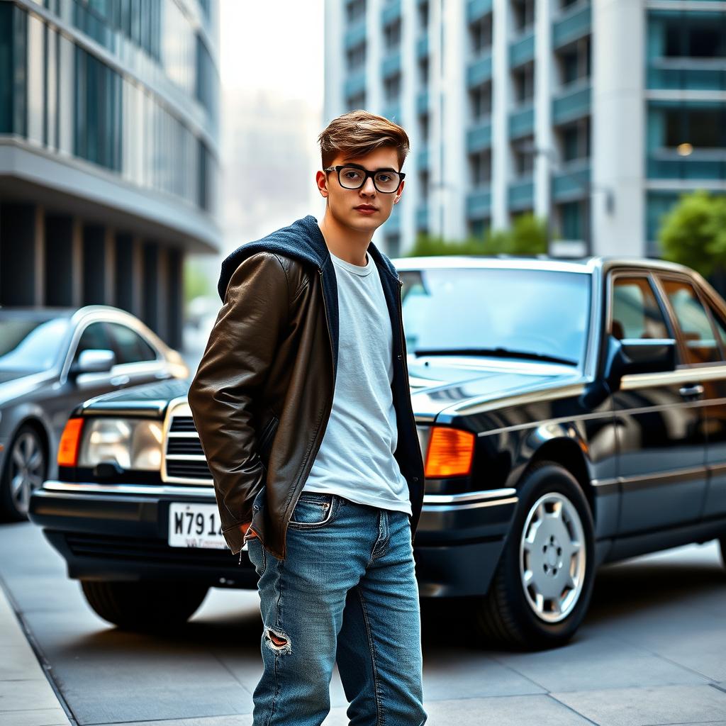 A teenage man wearing glasses with slicked-back hair, standing proudly next to a black Mercedes Benz W124 300E