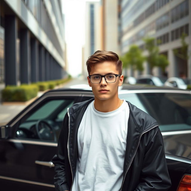 A teenage man wearing glasses with slicked-back hair, standing proudly next to a black Mercedes Benz W124 300E