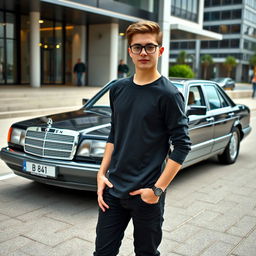 A teenage man wearing glasses with slicked-back hair, standing proudly next to a black Mercedes Benz W124 300E