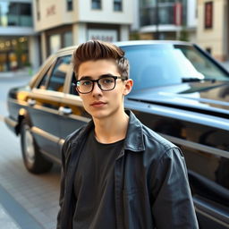 A teenage man wearing glasses with slicked-back hair, standing proudly next to a black Mercedes Benz W124 300E