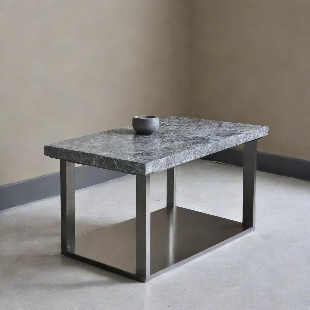 A small, elegant stainless steel black table, topped with grey marble. Perfectly suited for a salon or living room setting.