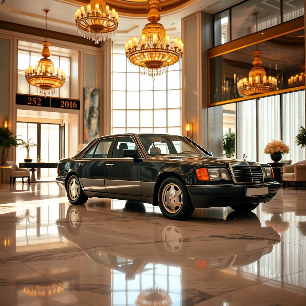 A black Mercedes Benz W124 300E parked elegantly in the lobby of a luxurious five-star hotel