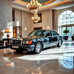 A black Mercedes Benz W124 300E parked elegantly in the lobby of a luxurious five-star hotel