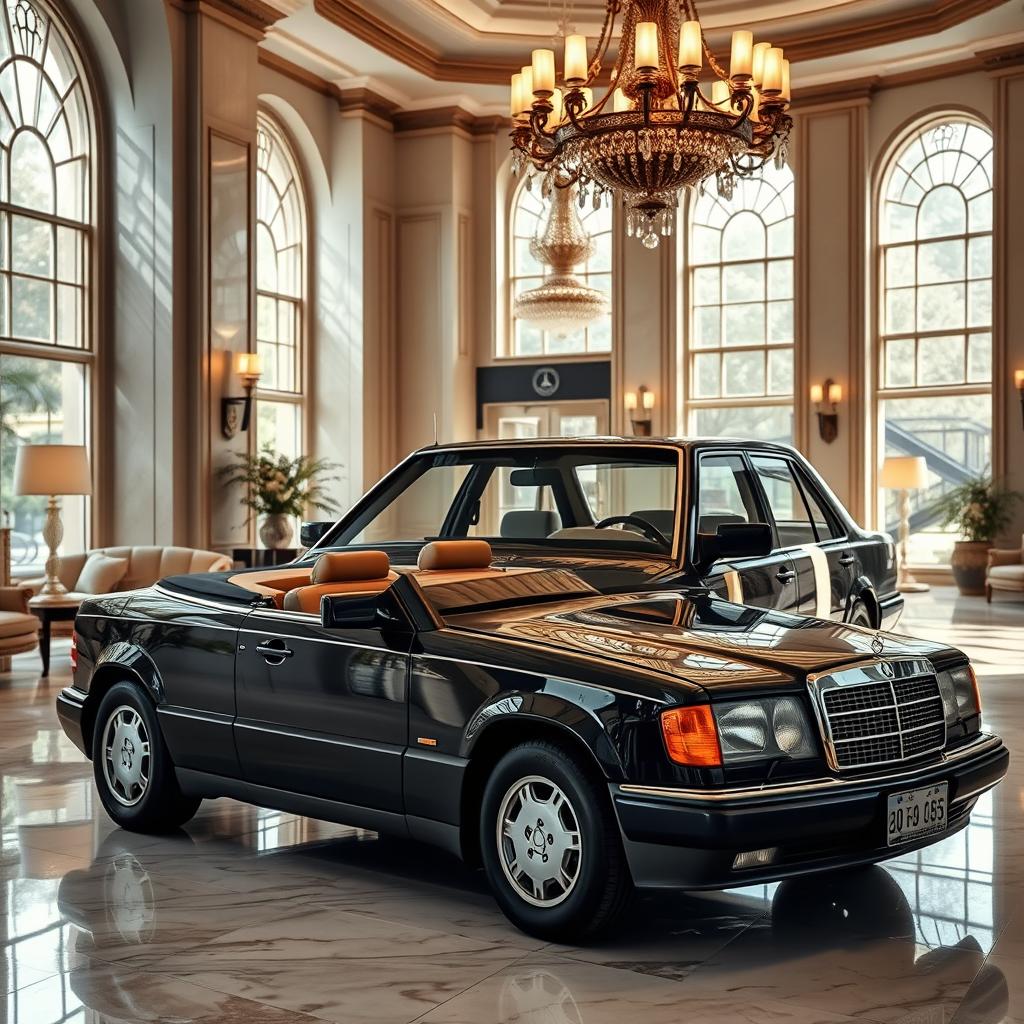 A black Mercedes Benz W124 300E parked elegantly in the lobby of a luxurious five-star hotel