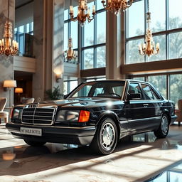 A black Mercedes Benz W124 300E parked elegantly in the lobby of a luxurious five-star hotel