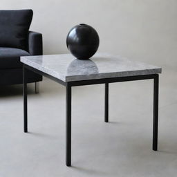 A small, elegant stainless steel black table, topped with grey marble. Perfectly suited for a salon or living room setting.