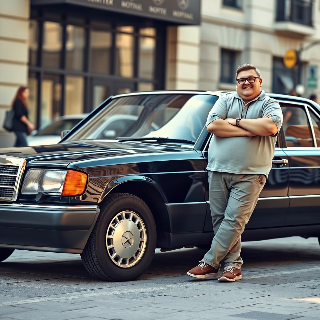 A black Mercedes Benz W124 300E parked gracefully, with a chubby man wearing glasses standing confidently next to it