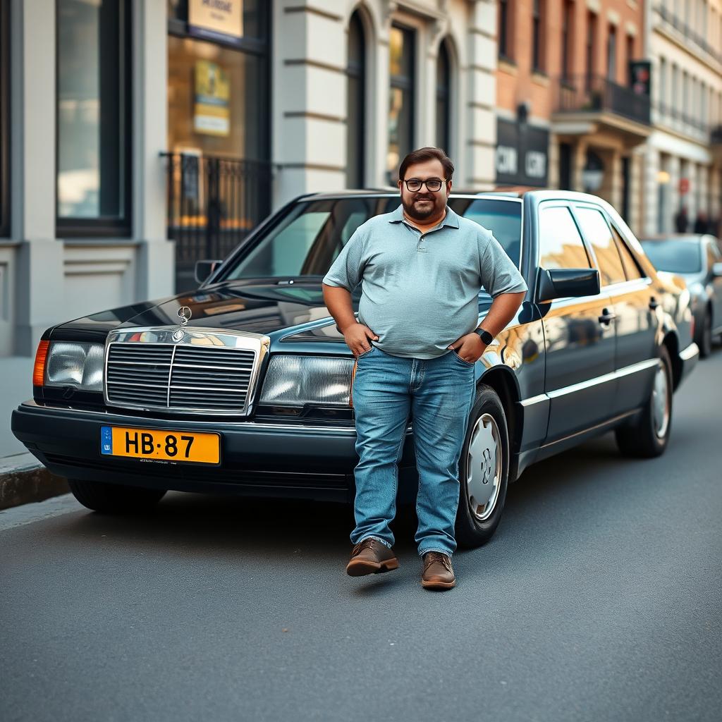 A black Mercedes Benz W124 300E parked gracefully, with a chubby man wearing glasses standing confidently next to it