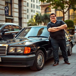 A black Mercedes Benz W124 300E parked gracefully, with a chubby man wearing glasses standing confidently next to it