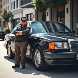 A black Mercedes Benz W124 300E parked gracefully, with a chubby man wearing glasses standing confidently next to it