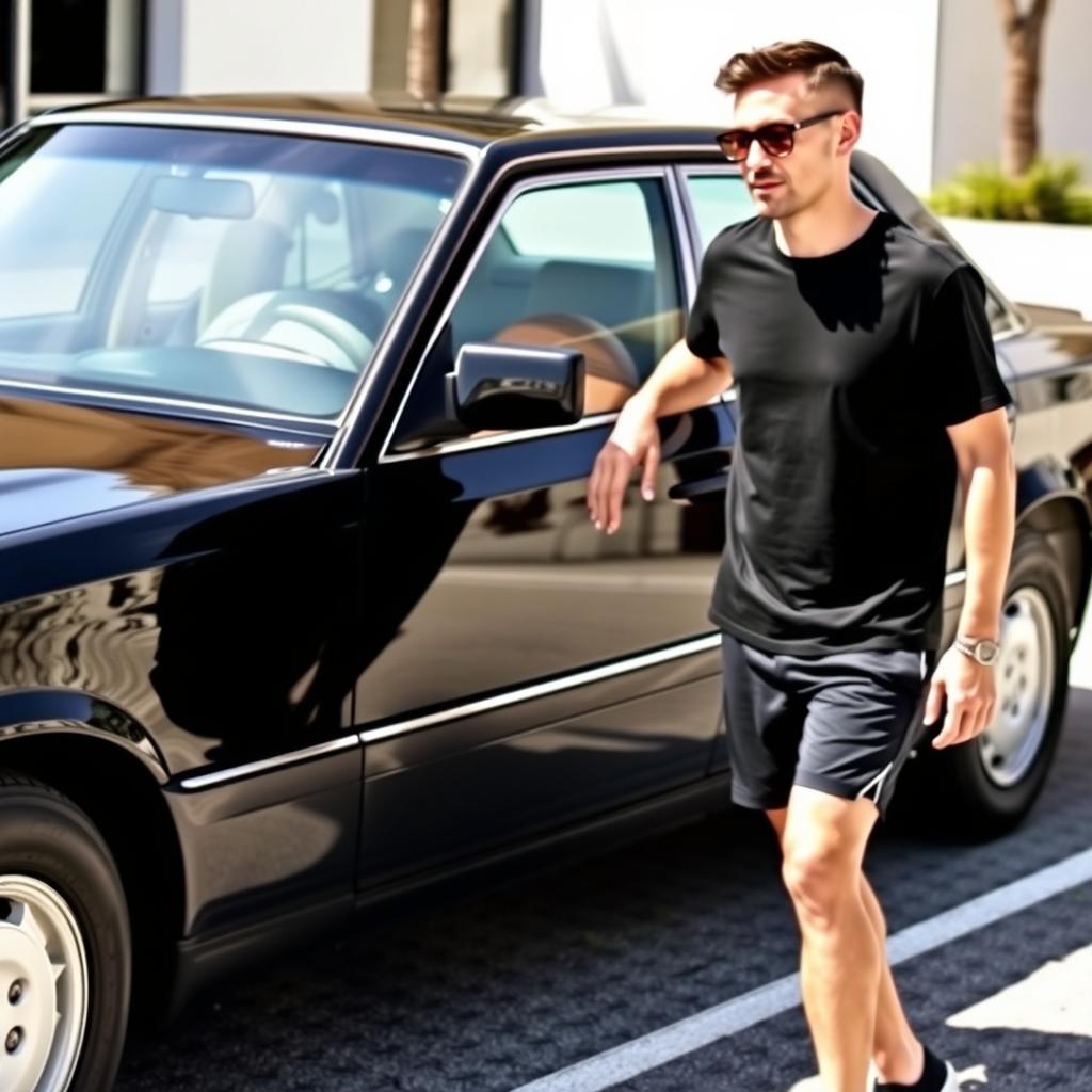 A black Mercedes Benz W124 300E parked stylishly, with a man wearing glasses, a plain black t-shirt, and shorts standing casually next to it