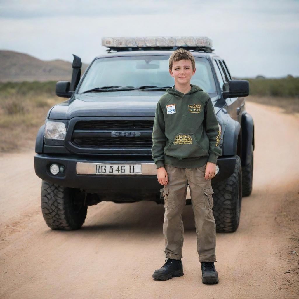 A boy clothed in EHP gear, standing powerfully in front of a massive, detailed 4x4 truck, against a backdrop of an open road.