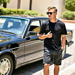 A black Mercedes Benz W124 300E parked stylishly, with a man wearing glasses, a plain black t-shirt, and shorts standing casually next to it