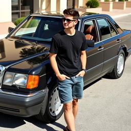 A black Mercedes Benz W124 300E parked stylishly, with a man wearing glasses, a plain black t-shirt, and shorts standing casually next to it