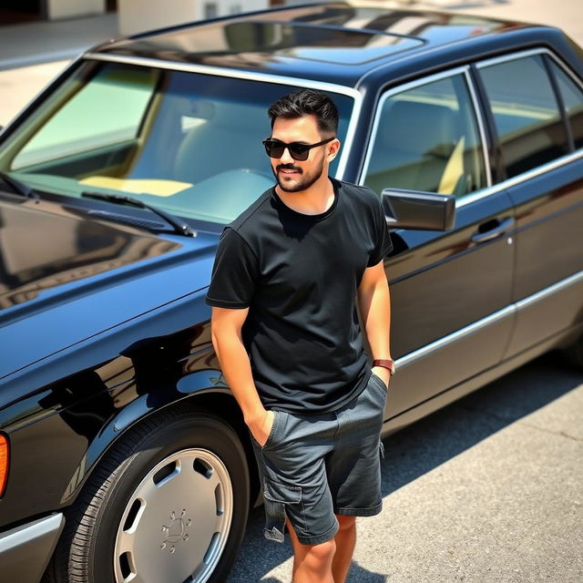 A black Mercedes Benz W124 300E parked stylishly, with a man wearing glasses, a plain black t-shirt, and shorts standing casually next to it