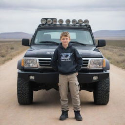 A boy clothed in EHP gear, standing powerfully in front of a massive, detailed 4x4 truck, against a backdrop of an open road.