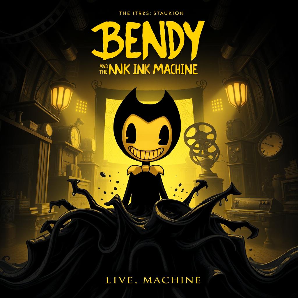 A captivating movie poster for 'Bendy and the Ink Machine', featuring Bendy, a vintage cartoon character with a mischievous grin, emerging from a thick, dark ink