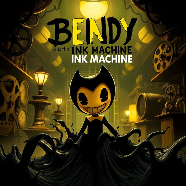 A captivating movie poster for 'Bendy and the Ink Machine', featuring Bendy, a vintage cartoon character with a mischievous grin, emerging from a thick, dark ink