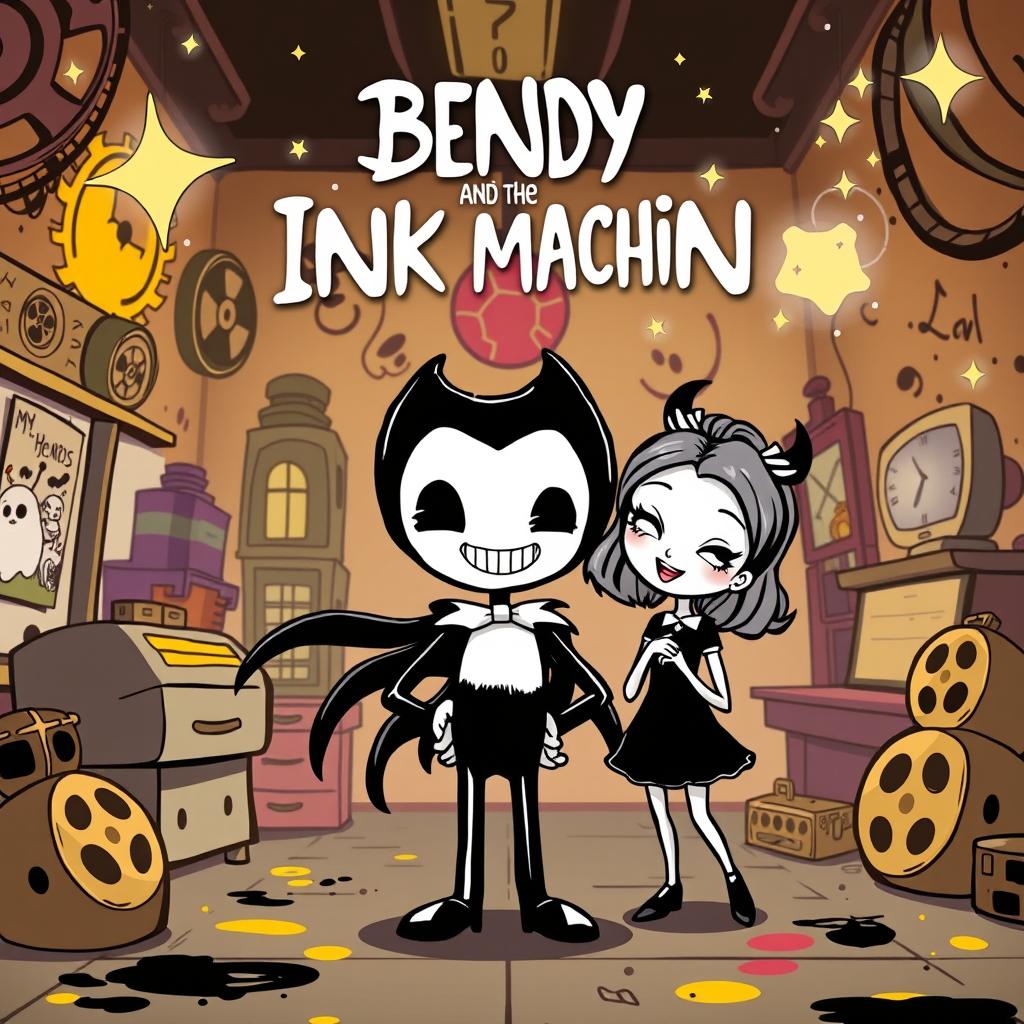 A playful and vibrant fan-made movie poster for 'Bendy and the Ink Machine' in Gacha Life style, featuring cute chibi versions of characters like Bendy, Boris, and Alice Angel