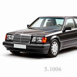 A black Mercedes Benz W124 300E parked prominently with a distinctive logo on the hood