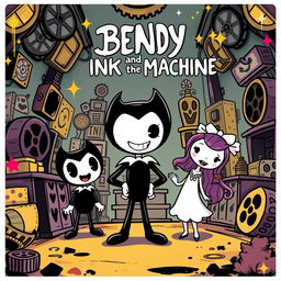 A playful and vibrant fan-made movie poster for 'Bendy and the Ink Machine' in Gacha Life style, featuring cute chibi versions of characters like Bendy, Boris, and Alice Angel