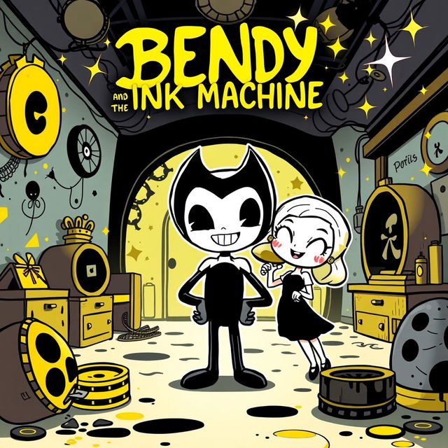 A playful and vibrant fan-made movie poster for 'Bendy and the Ink Machine' in Gacha Life style, featuring cute chibi versions of characters like Bendy, Boris, and Alice Angel