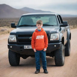 A boy clothed in EHP gear, standing powerfully in front of a massive, detailed 4x4 truck, against a backdrop of an open road.