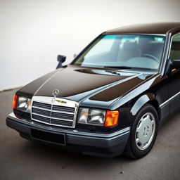 A black Mercedes Benz W124 300E parked prominently with a distinctive logo on the hood