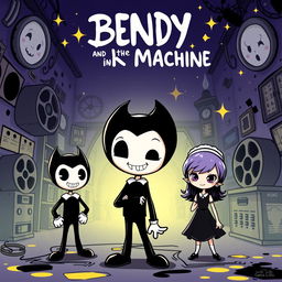 A playful and vibrant fan-made movie poster for 'Bendy and the Ink Machine' in Gacha Life style, featuring cute chibi versions of characters like Bendy, Boris, and Alice Angel