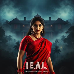 A cinematic action horror film poster featuring a stunning woman wearing a vibrant red saree and blouse, adorned with striking red bangles on each wrist