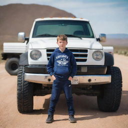 A boy clothed in EHP gear, standing powerfully in front of a massive, detailed 4x4 truck, against a backdrop of an open road.