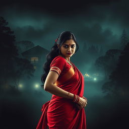 A cinematic action horror film poster featuring a stunning woman wearing a vibrant red saree and blouse, adorned with striking red bangles on each wrist