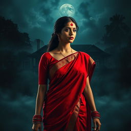 A cinematic action horror film poster featuring a stunning woman wearing a vibrant red saree and blouse, adorned with striking red bangles on each wrist