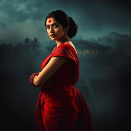 A cinematic action horror film poster featuring a stunning woman wearing a vibrant red saree and blouse, adorned with striking red bangles on each wrist