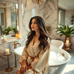 A stunning portrait of a woman resembling Katrina Kaif in an elegantly styled bathroom