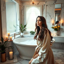 A stunning portrait of a woman resembling Katrina Kaif in an elegantly styled bathroom