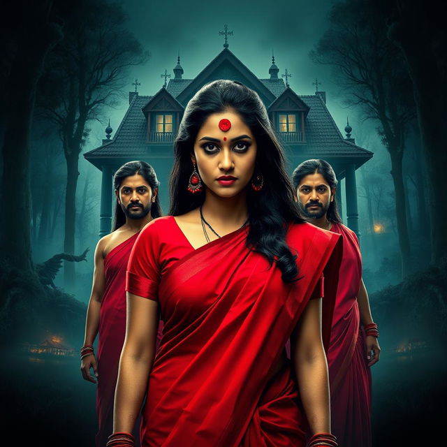 A thrilling cinematic action horror film poster featuring a woman in a vibrant red saree and blouse, adorned with red bangles on each wrist