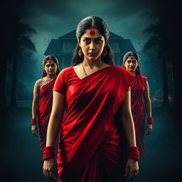 A thrilling cinematic action horror film poster featuring a woman in a vibrant red saree and blouse, adorned with red bangles on each wrist