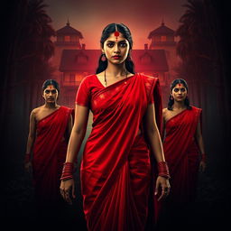 A thrilling cinematic action horror film poster featuring a woman in a vibrant red saree and blouse, adorned with red bangles on each wrist