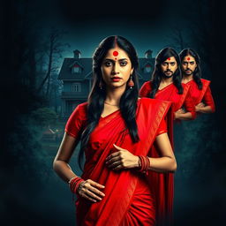 A thrilling cinematic action horror film poster featuring a woman in a vibrant red saree and blouse, adorned with red bangles on each wrist