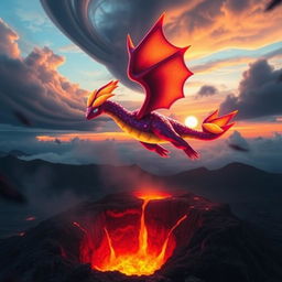 A shiny Koraidon Pokemon majestically flying over a volcano