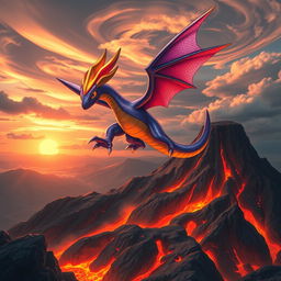 A shiny Koraidon Pokemon majestically flying over a volcano