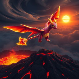 A shiny Koraidon Pokemon majestically flying over a volcano