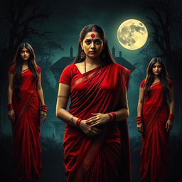 A cinematic action horror film poster featuring a woman in a striking red saree and blouse with red bangles on each hand