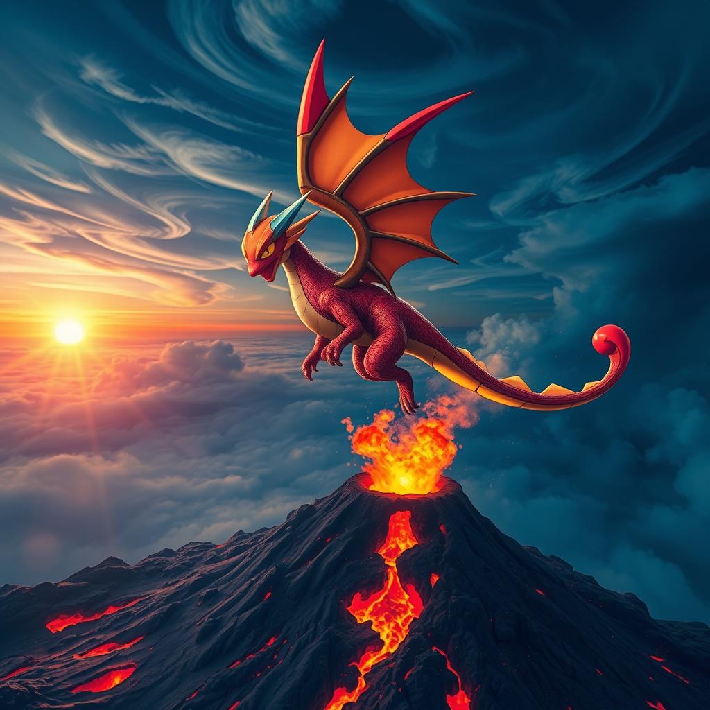 A shiny Koraidon Pokemon majestically flying over a volcano