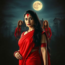 A cinematic action horror film poster featuring a woman in a striking red saree and blouse with red bangles on each hand